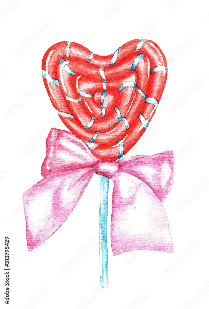 Candy heart on a stick with a bow, watercolor Candy heart on a stick with a bow, watercolor