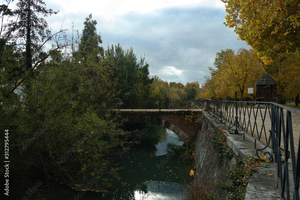 a bridge over the river in autumn
