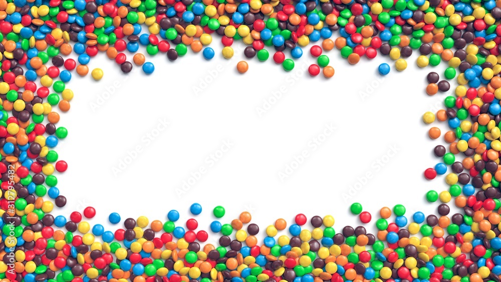 Colorful coated chocolate candies frame on white background Colorful coated chocolate candies frame on white background
