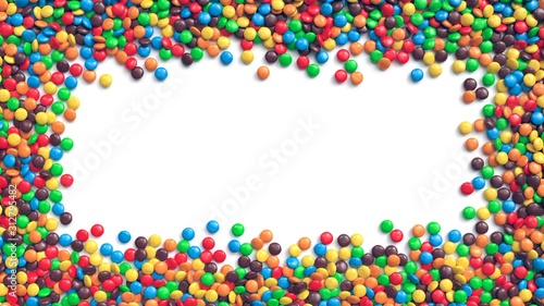 Colorful coated chocolate candies frame on white background