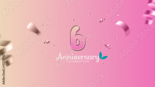 6th anniversary. Gradient pink and yellow Numbers with sparkling confetti. Modern elegant gradient background design vector EPS 10. For wedding party or company event decoration.