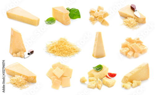 Set of tasty Parmesan cheese on white background