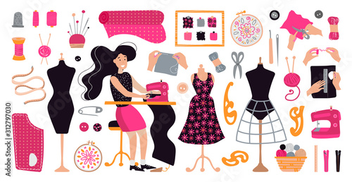 Vector illustration with brunette girl tailor in workplace. Dressmaker working at sewing machine in a modern flat pink style. Items and materials for sewing, embroidery, knitting