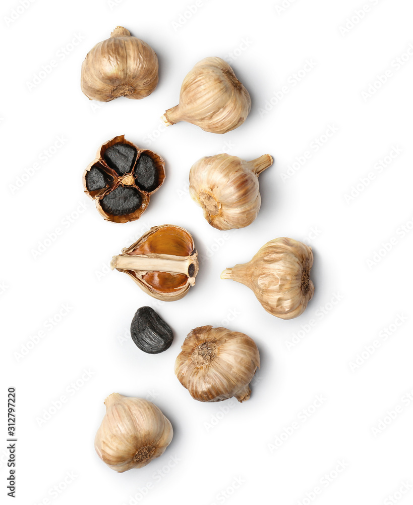 Black garlic on white background