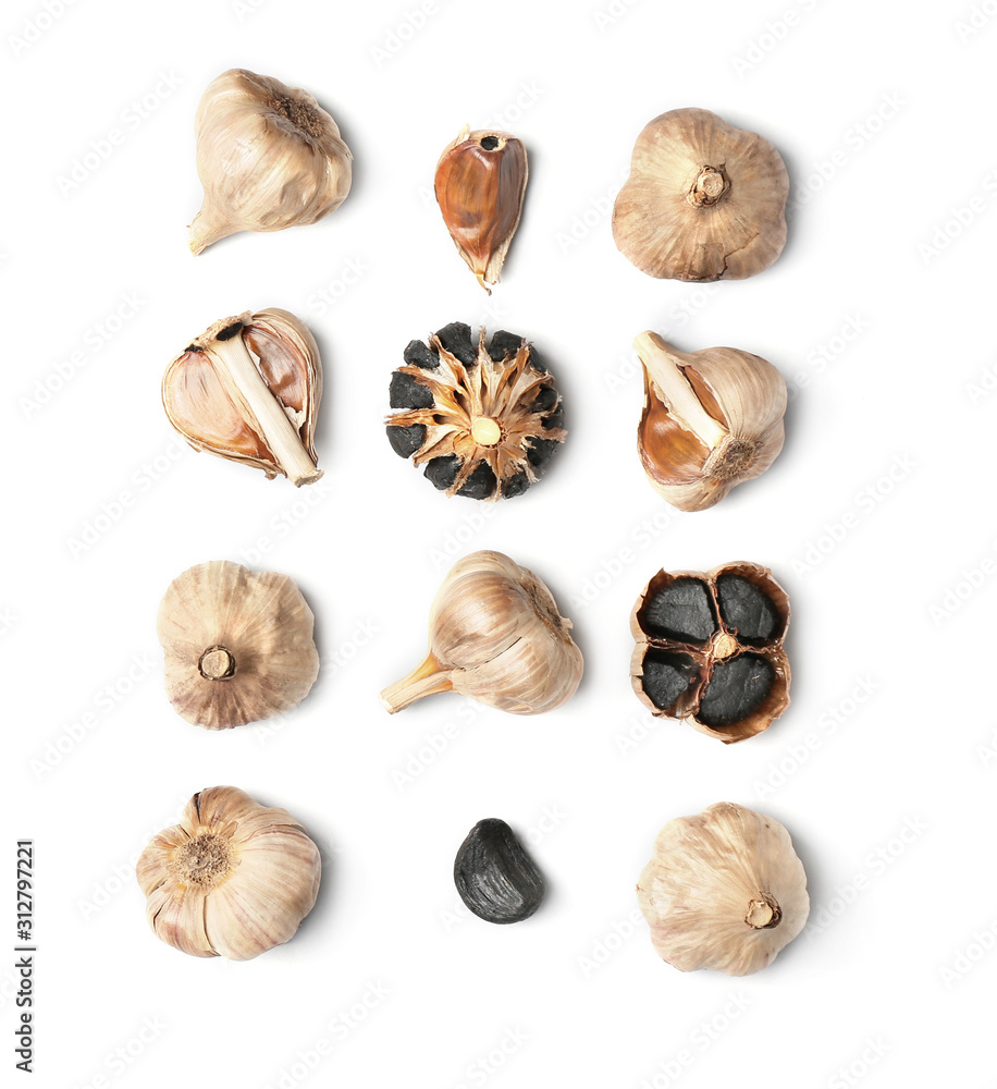 Black garlic on white background Black garlic on white background
