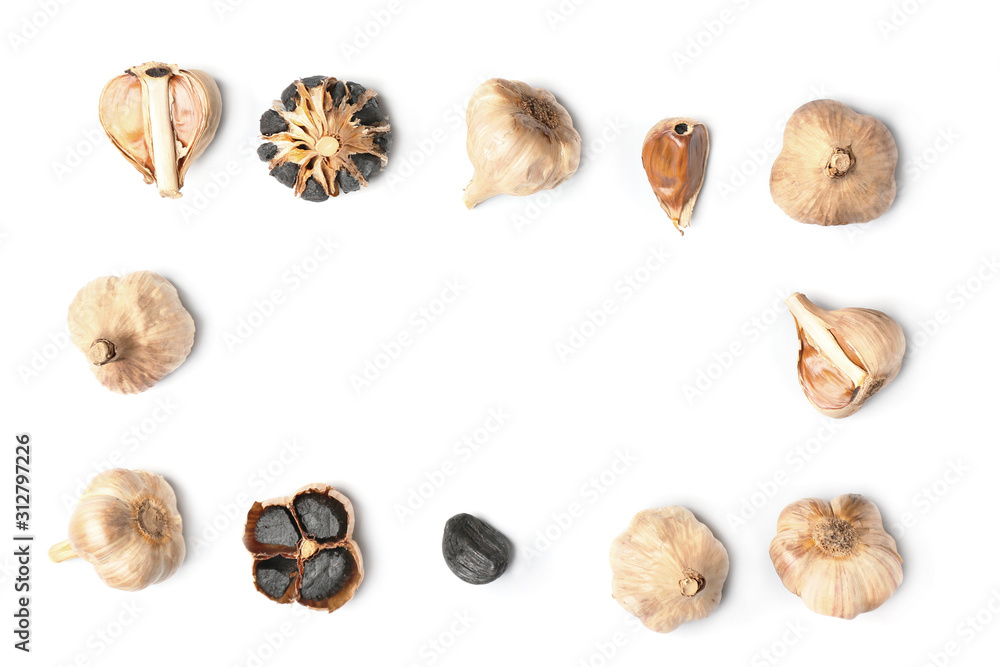 Frame made of black garlic on white background Frame made of black garlic on white background