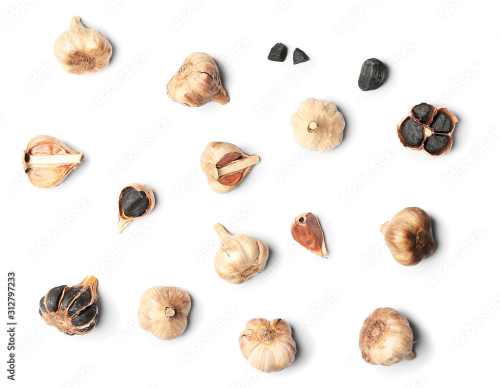 Black garlic on white background Black garlic on white background