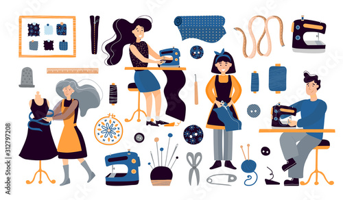 Vector Illustration women,children and men in studio sew dress. Free time, rest from work. Group classes and modern hobby. Woman and man sews on sewing machine. 