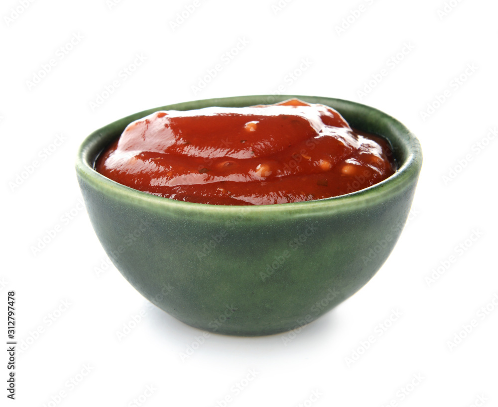 Bowl with tasty barbecue sauce on white background Bowl with tasty barbecue sauce on white background