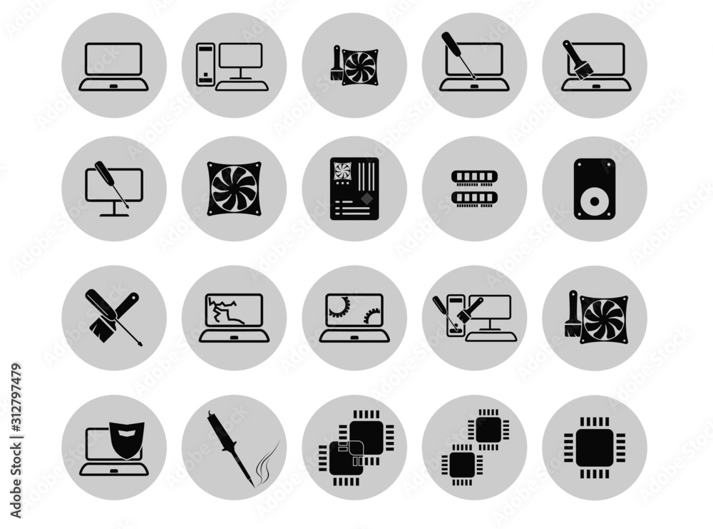 Vector icons of computer theme. gray icons of computer components with gray round background. for web design, printing and advertising, computer services (repair of computers, laptops, service center) Vector icons of computer theme. gray icons of computer components with gray round background. for web design, printing and advertising, computer services (repair of computers, laptops, service center)