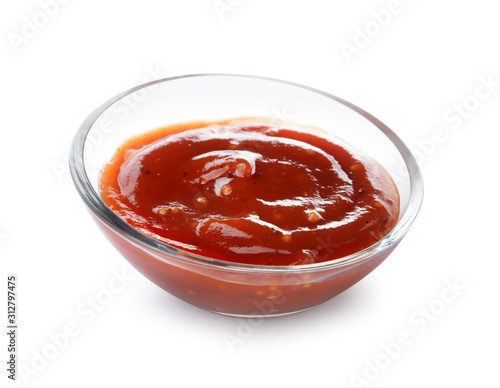 Bowl with tasty barbecue sauce on white background