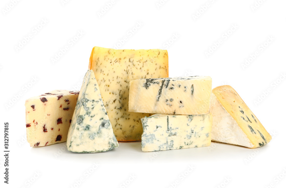 Assortment of fresh cheeses on white background Assortment of fresh cheeses on white background