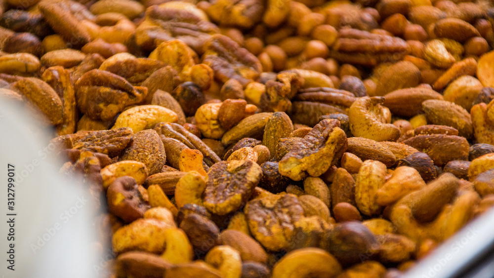 Roasted Pecan Nuts With Spice, Close Up Roasted Pecan Nuts With Spice, Close Up