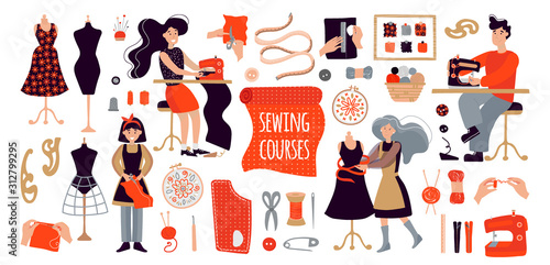 People create designer clothes with their own hands. Illustration for sewing courses, a training site, a poster with master classes. Set of items for sewing and knitting. 