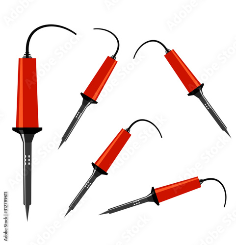 vector image of a soldering iron with an orange handle in various positions