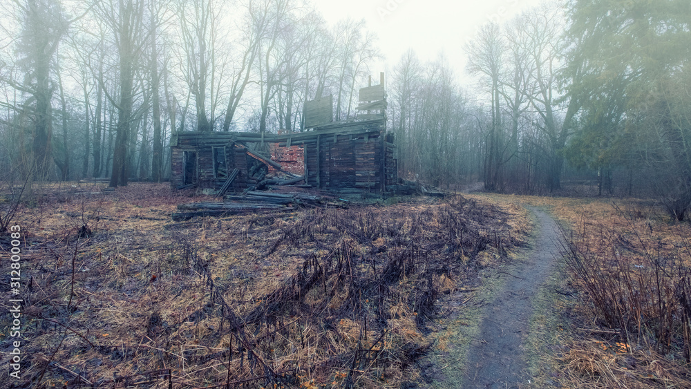 old abandoned burned wooden log house in a foggy forest in the autumn