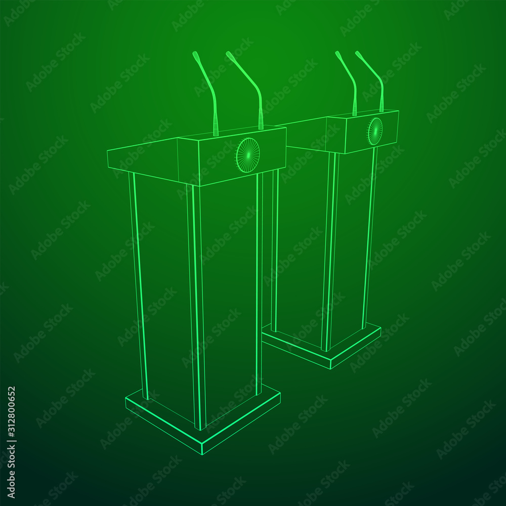 Obraz premium Speaker Podium. White Tribune Rostrum Stand with Microphones. Debate, press conference concept. Wireframe low poly mesh vector illustration