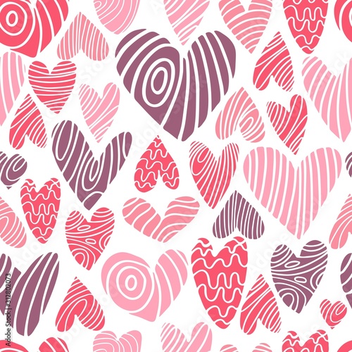 Vector seamless pattern with hand-drawn hearts on white background. Sketch illustration.