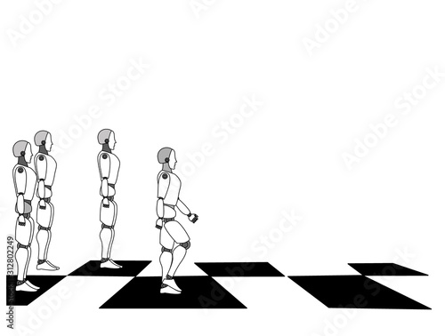 robots are standing on a chessboard. winning position. Chess game of robots with people. vector illustration.