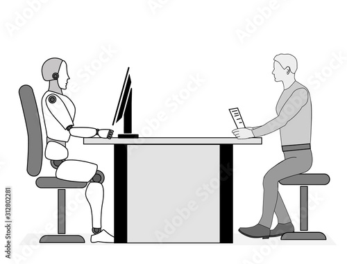 the robot communicates with a person. job interview. robots replace humans. vector illustration.