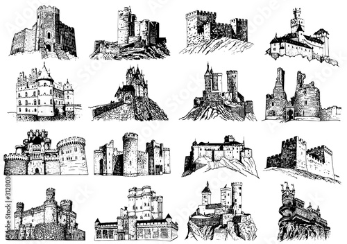 Graphical set of castles isolated on white background,vector illustration