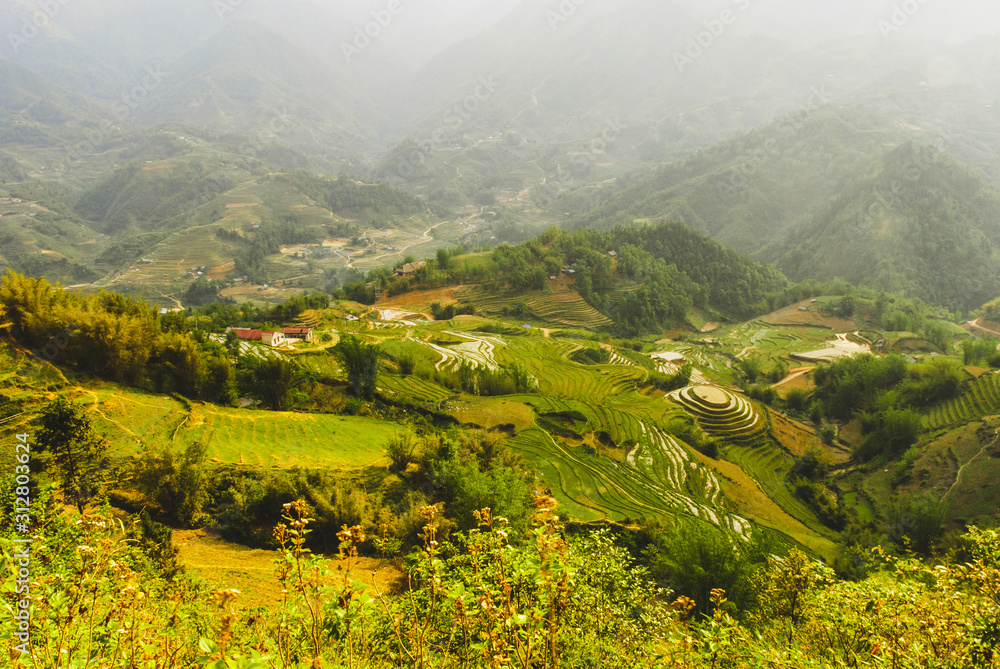 Panorama of Muong Hua valley with rice terraces by Sapa, Vietnam