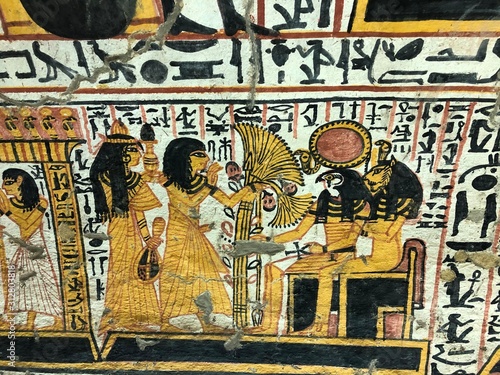 Colourful wall drawings in workers tombs in Luxor in Egypt