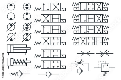 Vector set of hydraulic elements symbols for constructing hydraulic schemes. Valves, throttles, pumps, motors, measuring, safety valve, check valves.