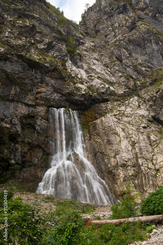 Abkhazia. Jeep trip to the mountains. The Gega waterfall  lake Riza