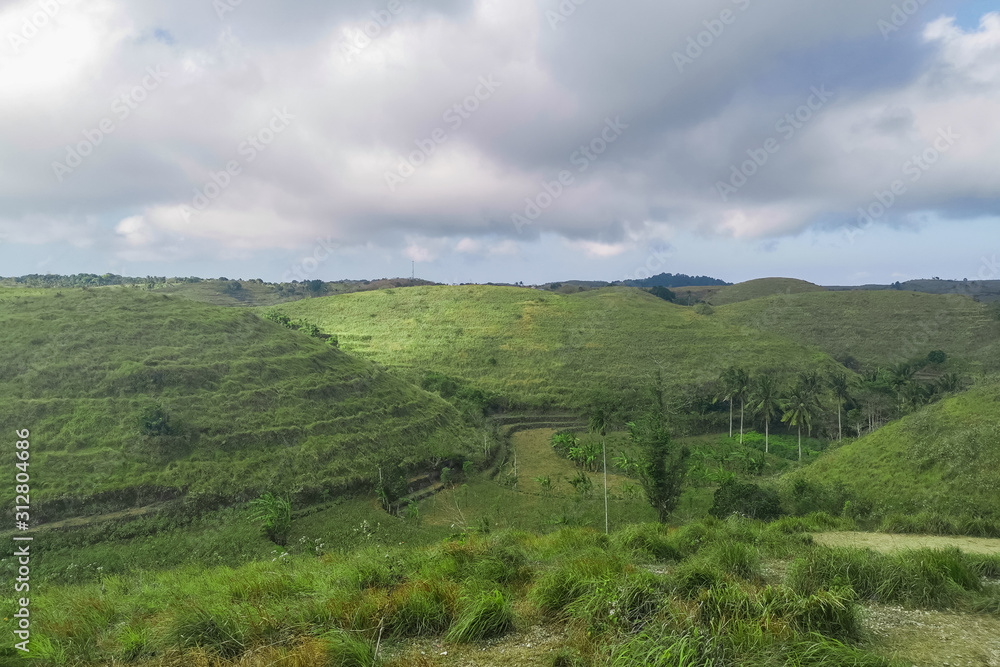 Rolling Teletubbies Hills With Lush Green Forests, Palm Trees and Rice Teraces on Nusa Penida, Bali, Indonesia