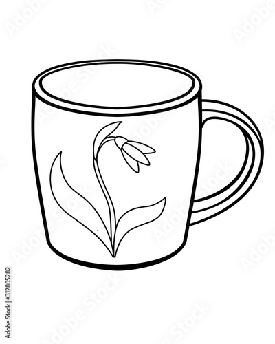 A cup with a picture of a snowdrop flower with leaves - linear vector illustration for coloring. Outline. Hand drawing.