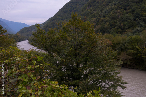 Abkhazia. Jeep trip to the mountains. The Gega waterfall, lake Riza