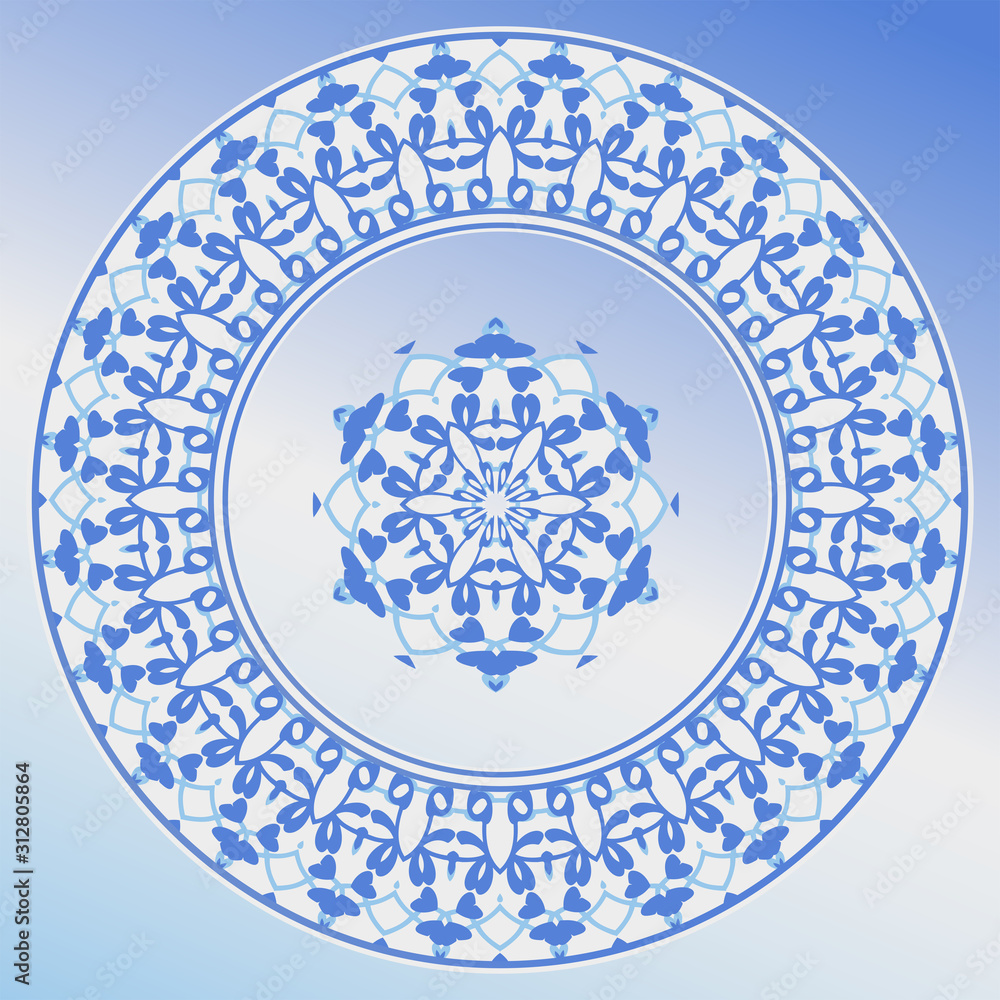 Decorative plate and mandala for interior design in blue. Home decor. porcelain design. Decorative plate and mandala for interior design in blue. Home decor. porcelain design.