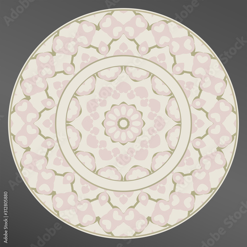 Decorative plate and mandala for interior design in pink and gold. Home decor. porcelain design.