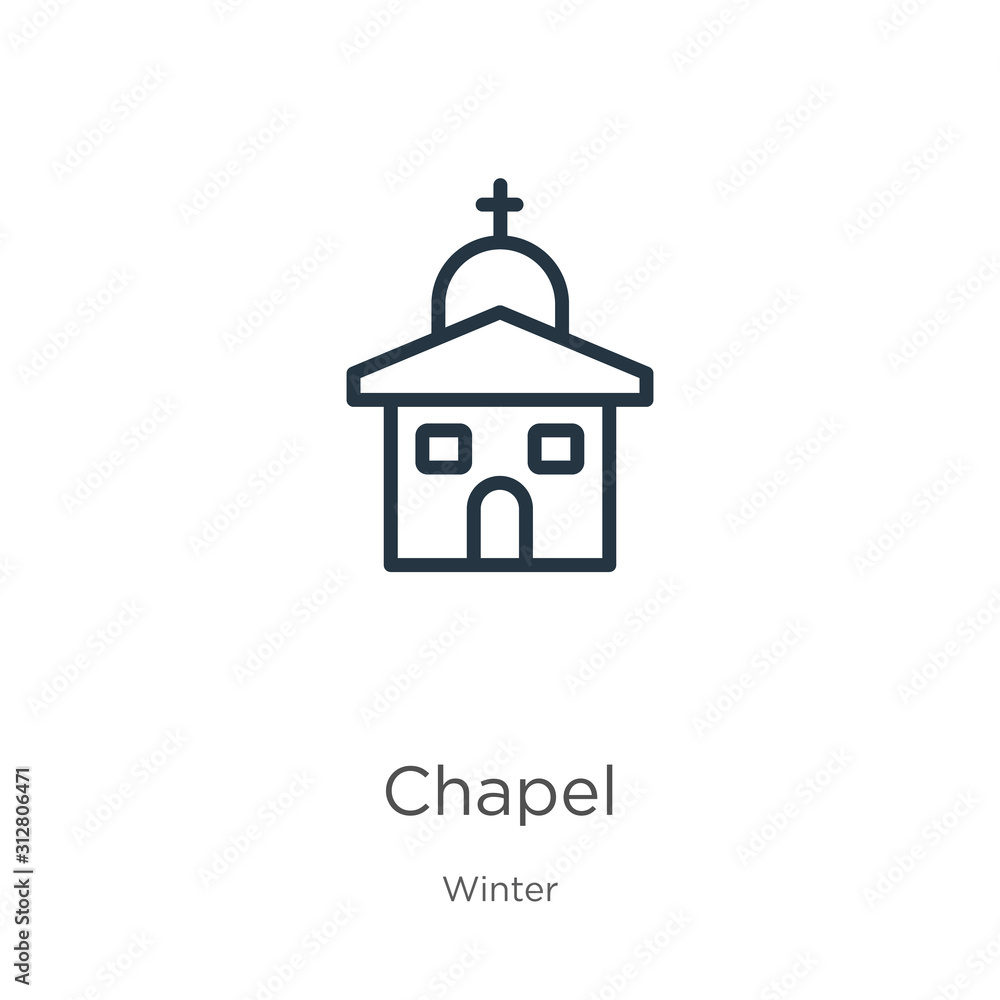 Chapel icon. Thin linear chapel outline icon isolated on white background from winter collection. Line vector sign, symbol for web and mobile Chapel icon. Thin linear chapel outline icon isolated on white background from winter collection. Line vector sign, symbol for web and mobile