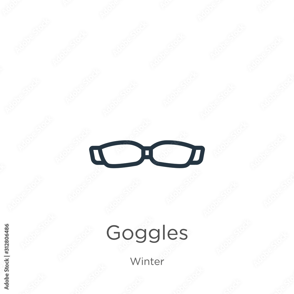 Goggles icon. Thin linear goggles outline icon isolated on white background from winter collection. Line vector sign, symbol for web and mobile Goggles icon. Thin linear goggles outline icon isolated on white background from winter collection. Line vector sign, symbol for web and mobile