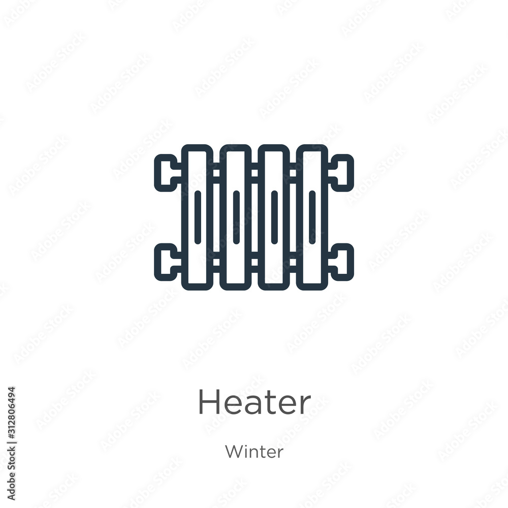 Heater icon. Thin linear heater outline icon isolated on white background from winter collection. Line vector sign, symbol for web and mobile Heater icon. Thin linear heater outline icon isolated on white background from winter collection. Line vector sign, symbol for web and mobile