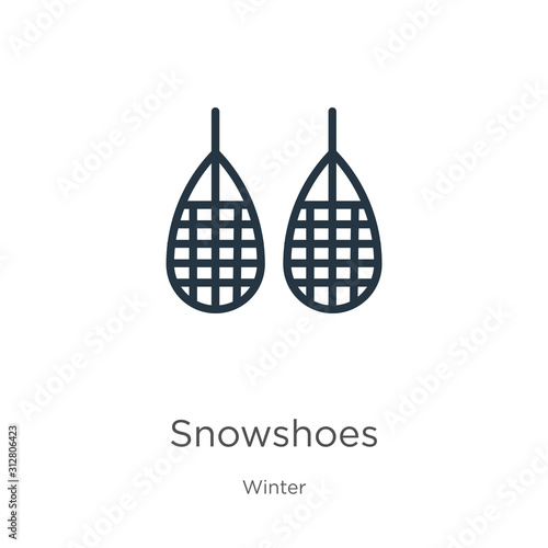 Snowshoes icon. Thin linear snowshoes outline icon isolated on white background from winter collection. Line vector sign, symbol for web and mobile