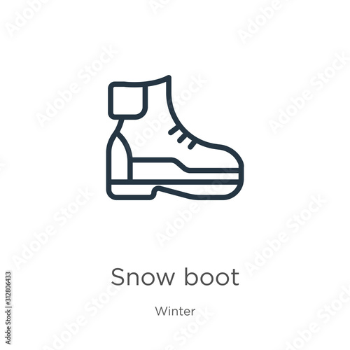 Snow boot icon. Thin linear snow boot outline icon isolated on white background from winter collection. Line vector sign, symbol for web and mobile