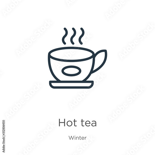Hot tea icon. Thin linear hot tea outline icon isolated on white background from winter collection. Line vector sign  symbol for web and mobile