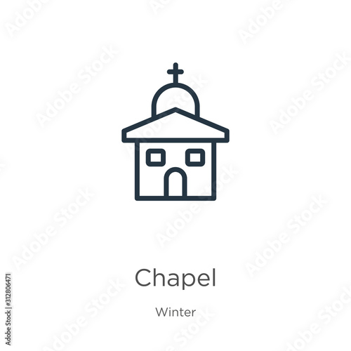 Chapel icon. Thin linear chapel outline icon isolated on white background from winter collection. Line vector sign, symbol for web and mobile