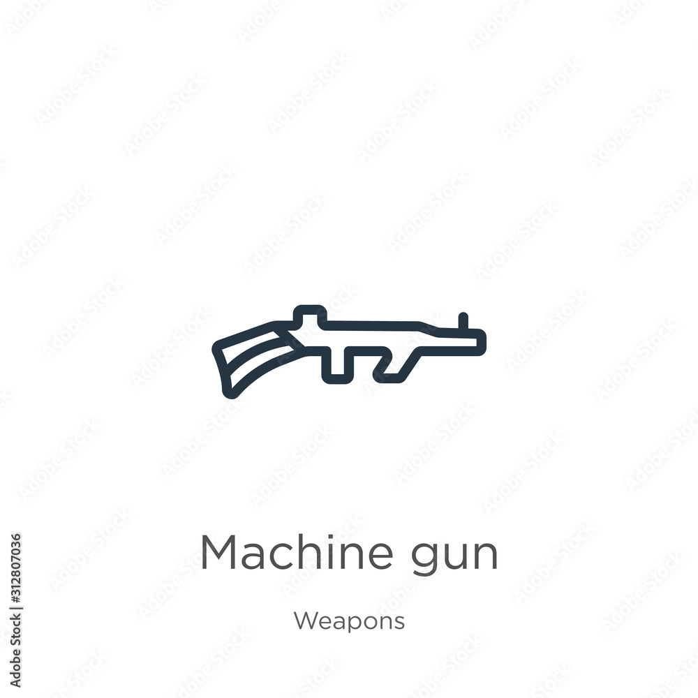 Machine gun icon. Thin linear machine gun outline icon isolated on white background from weapons collection. Line vector sign, symbol for web and mobile