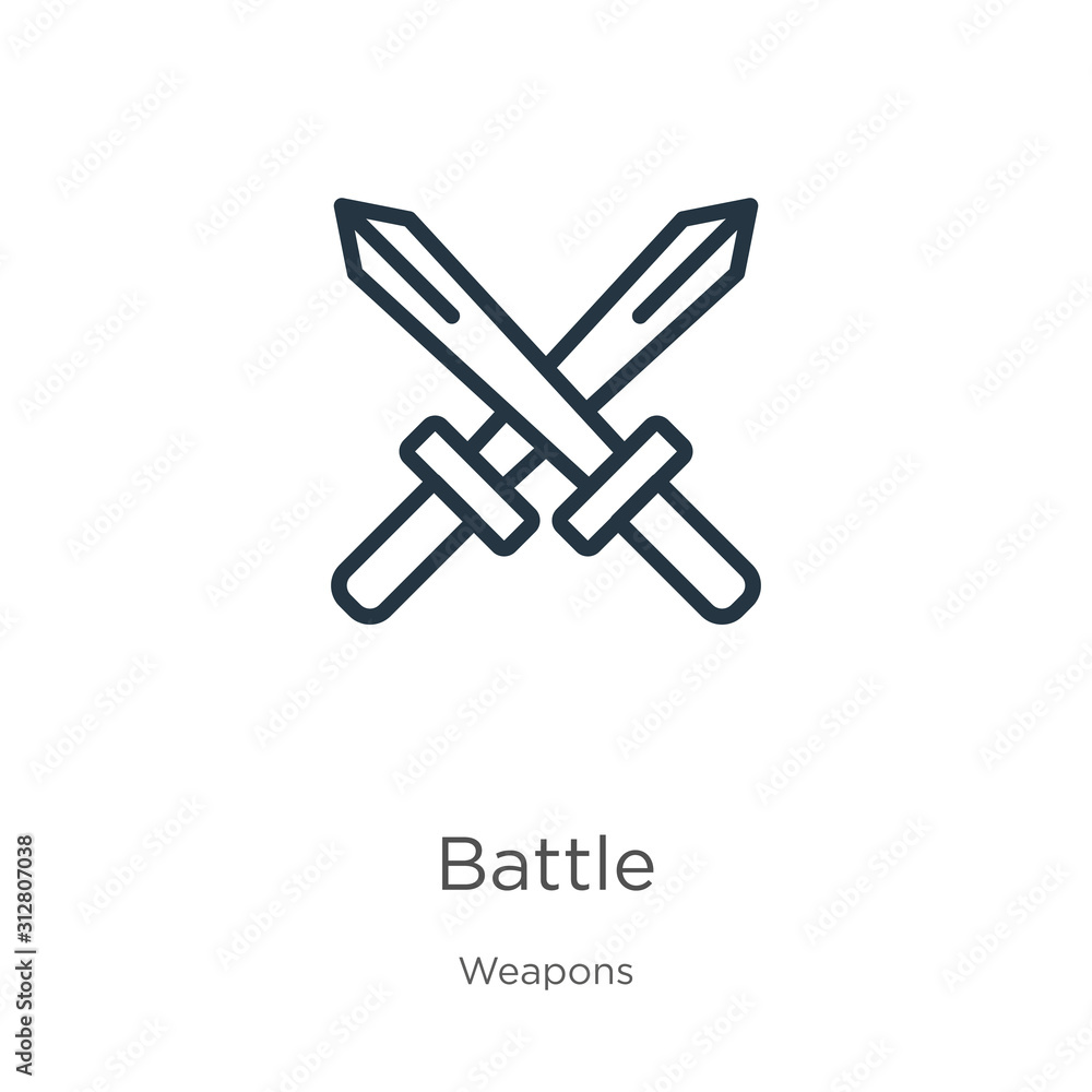 Battle icon. Thin linear battle outline icon isolated on white background from weapons collection. Line vector sign, symbol for web and mobile