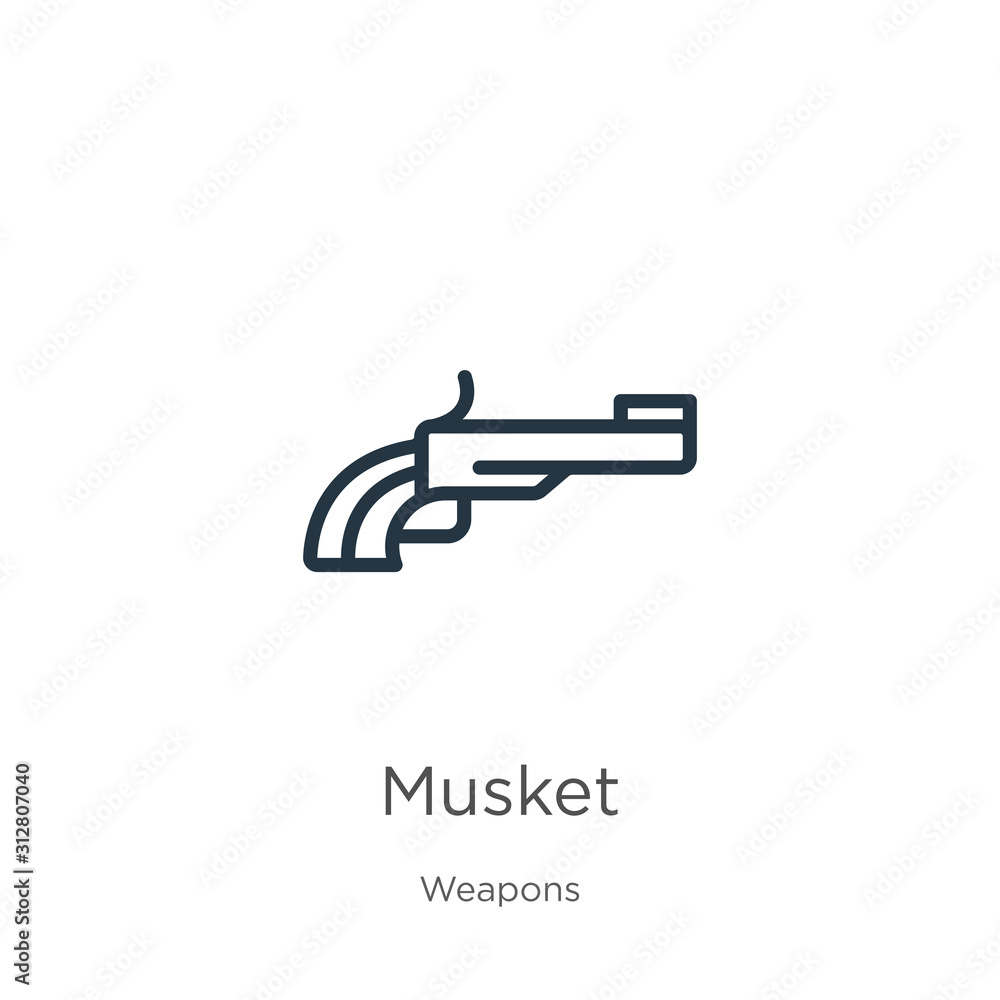 Musket icon. Thin linear musket outline icon isolated on white background from weapons collection. Line vector sign, symbol for web and mobile Musket icon. Thin linear musket outline icon isolated on white background from weapons collection. Line vector sign, symbol for web and mobile