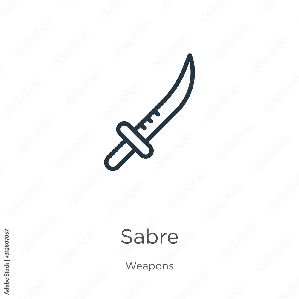 Sabre icon. Thin linear sabre outline icon isolated on white background from weapons collection. Line vector sign, symbol for web and mobile Sabre icon. Thin linear sabre outline icon isolated on white background from weapons collection. Line vector sign, symbol for web and mobile
