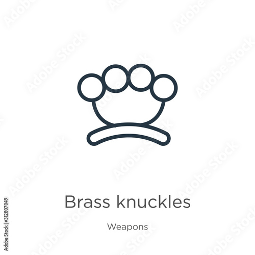 Brass knuckles icon. Thin linear brass knuckles outline icon isolated on white background from weapons collection. Line vector sign, symbol for web and mobile