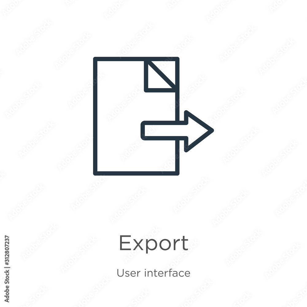 Export icon. Thin linear export outline icon isolated on white background from user interface collection. Line vector sign, symbol for web and mobile Export icon. Thin linear export outline icon isolated on white background from user interface collection. Line vector sign, symbol for web and mobile