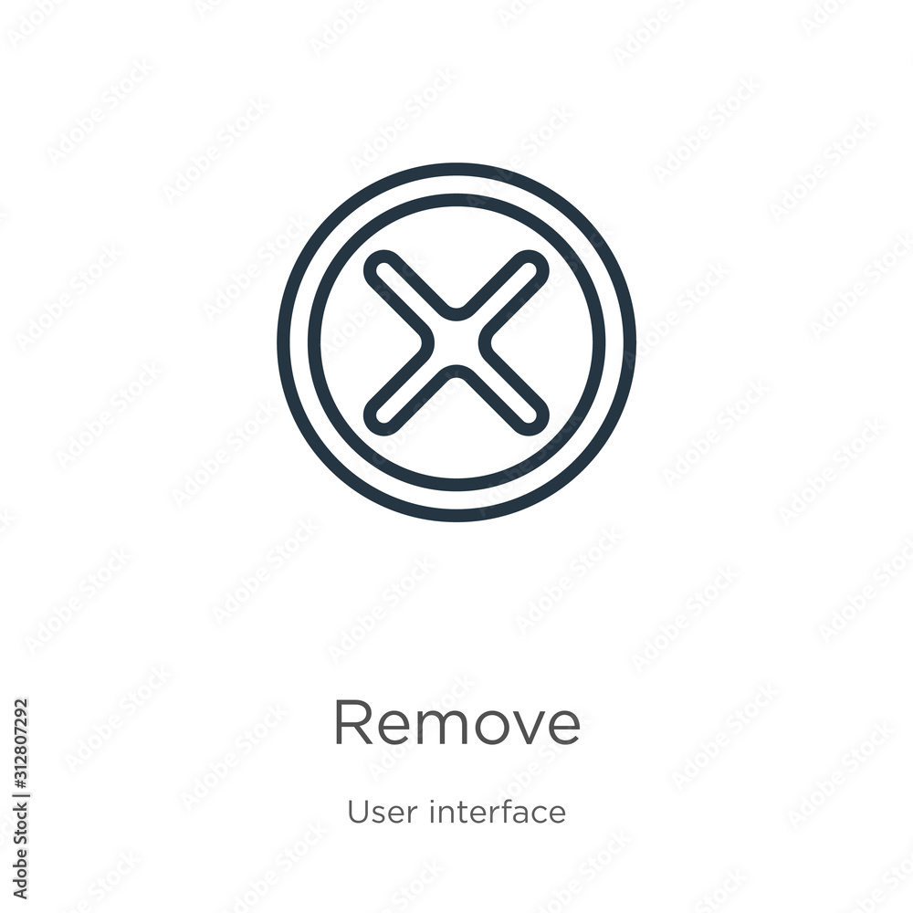 Remove icon. Thin linear remove outline icon isolated on white background from user interface collection. Line vector sign, symbol for web and mobile Remove icon. Thin linear remove outline icon isolated on white background from user interface collection. Line vector sign, symbol for web and mobile