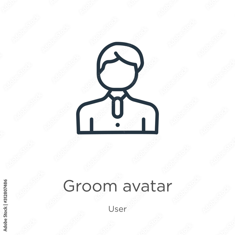 Groom avatar icon. Thin linear groom avatar outline icon isolated on white background from user collection. Line vector sign, symbol for web and mobile Groom avatar icon. Thin linear groom avatar outline icon isolated on white background from user collection. Line vector sign, symbol for web and mobile