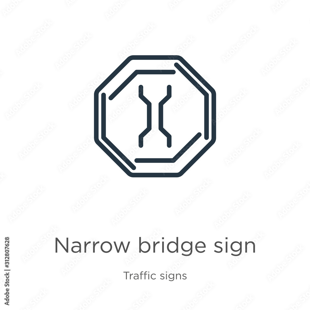 Narrow bridge sign icon. Thin linear narrow bridge sign outline icon isolated on white background from traffic signs collection. Line vector sign, symbol for web and mobile Narrow bridge sign icon. Thin linear narrow bridge sign outline icon isolated on white background from traffic signs collection. Line vector sign, symbol for web and mobile